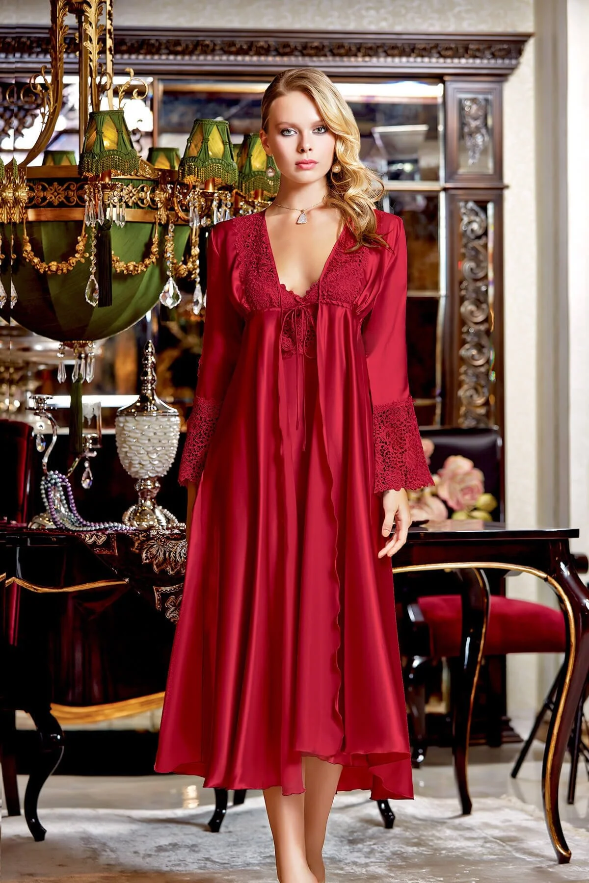 441 SATEN DANTELLİ UZUN 6 LI SET BORDO