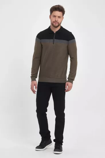 Wellalux Erkek Selanik Polo Yaka Fermuarlı Sweatshirt Siyah