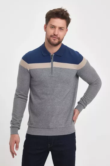 Wellalux Erkek Selanik Polo Yaka Fermuarlı Sweatshirt Gri
