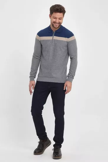 Wellalux Erkek Selanik Polo Yaka Fermuarlı Sweatshirt Gri