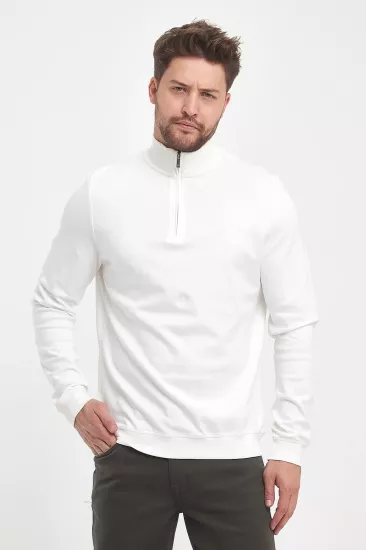 Erkek Fermuarlı Dik Yaka Sweatshirt Beyaz