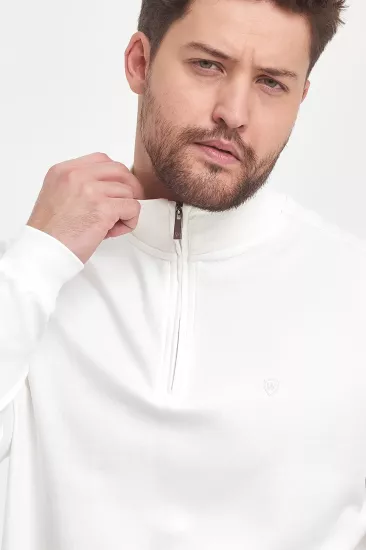 Erkek Fermuarlı Dik Yaka Sweatshirt Beyaz
