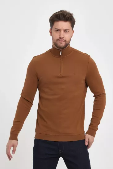 Erkek Fermuarlı Dik Yaka Sweatshirt Tarçın