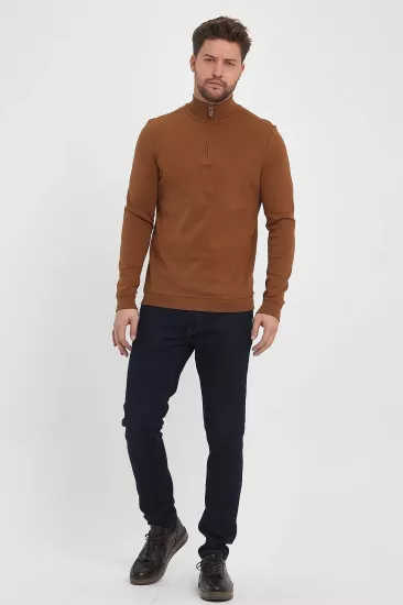 Erkek Fermuarlı Dik Yaka Sweatshirt Tarçın