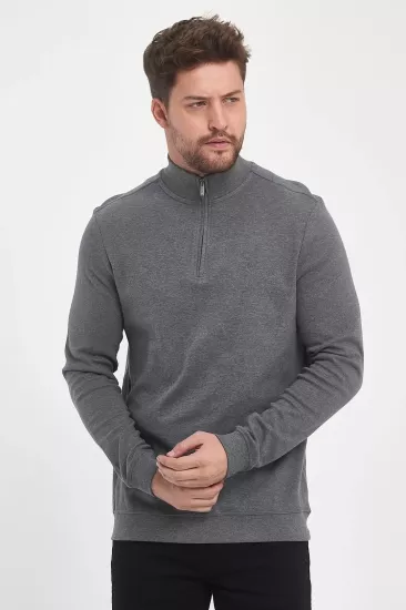 Erkek Fermuarlı Dik Yaka Sweatshirt Füme