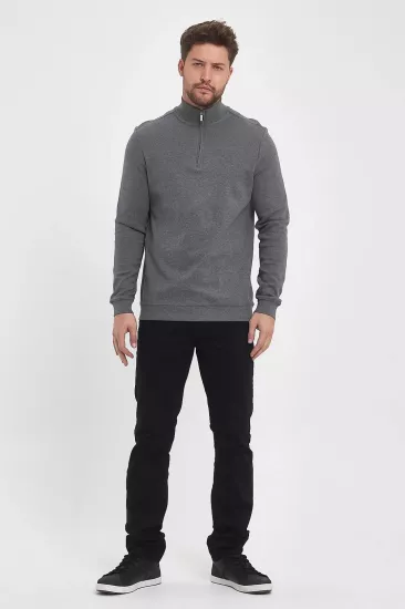 Erkek Fermuarlı Dik Yaka Sweatshirt Füme