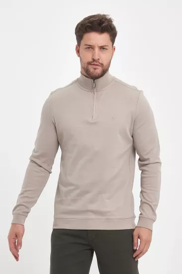 Erkek Fermuarlı Dik Yaka Sweatshirt Bej