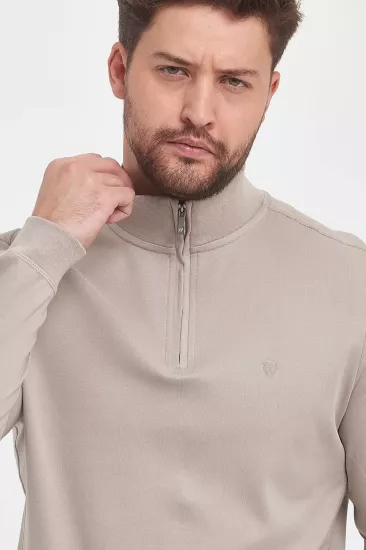 Erkek Fermuarlı Dik Yaka Sweatshirt Bej