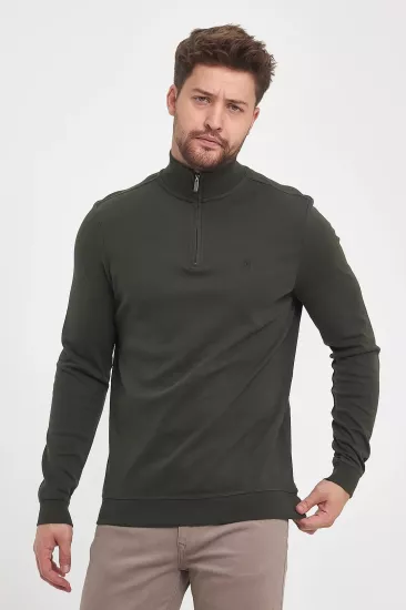 Erkek Fermuarlı Dik Yaka Sweatshirt Haki