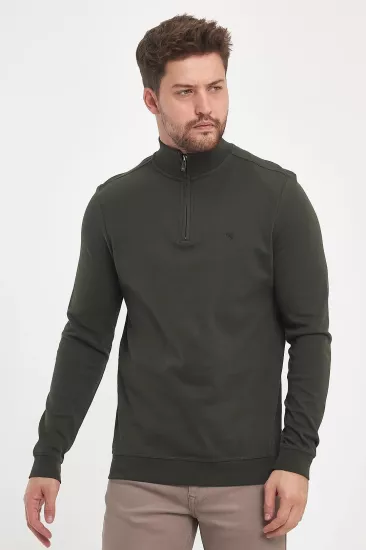 Erkek Fermuarlı Dik Yaka Sweatshirt Haki