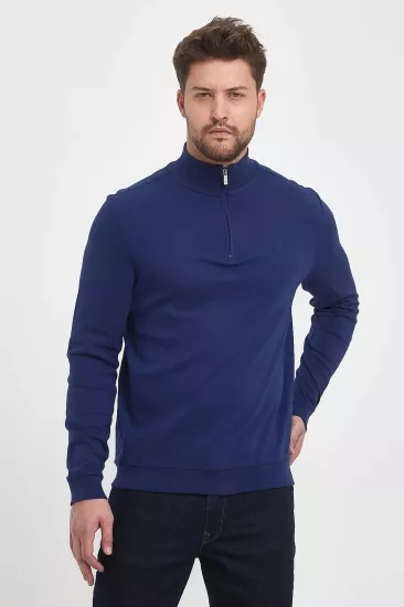 Erkek Fermuarlı Dik Yaka Sweatshirt Sax