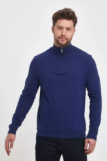 Erkek Fermuarlı Dik Yaka Sweatshirt Sax