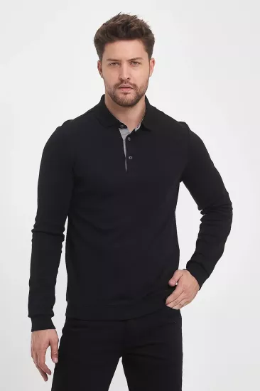 Erkek Polo Yaka Sweatshirtshirt Siyah