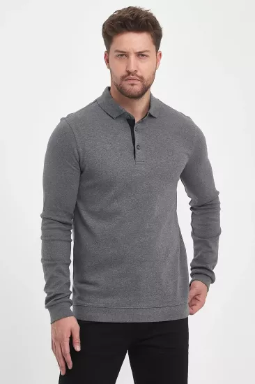 Erkek Polo Yaka Sweatshirtshirt Füme