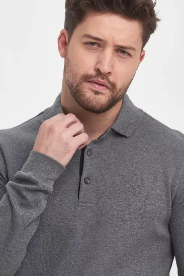 Erkek Polo Yaka Sweatshirtshirt Füme